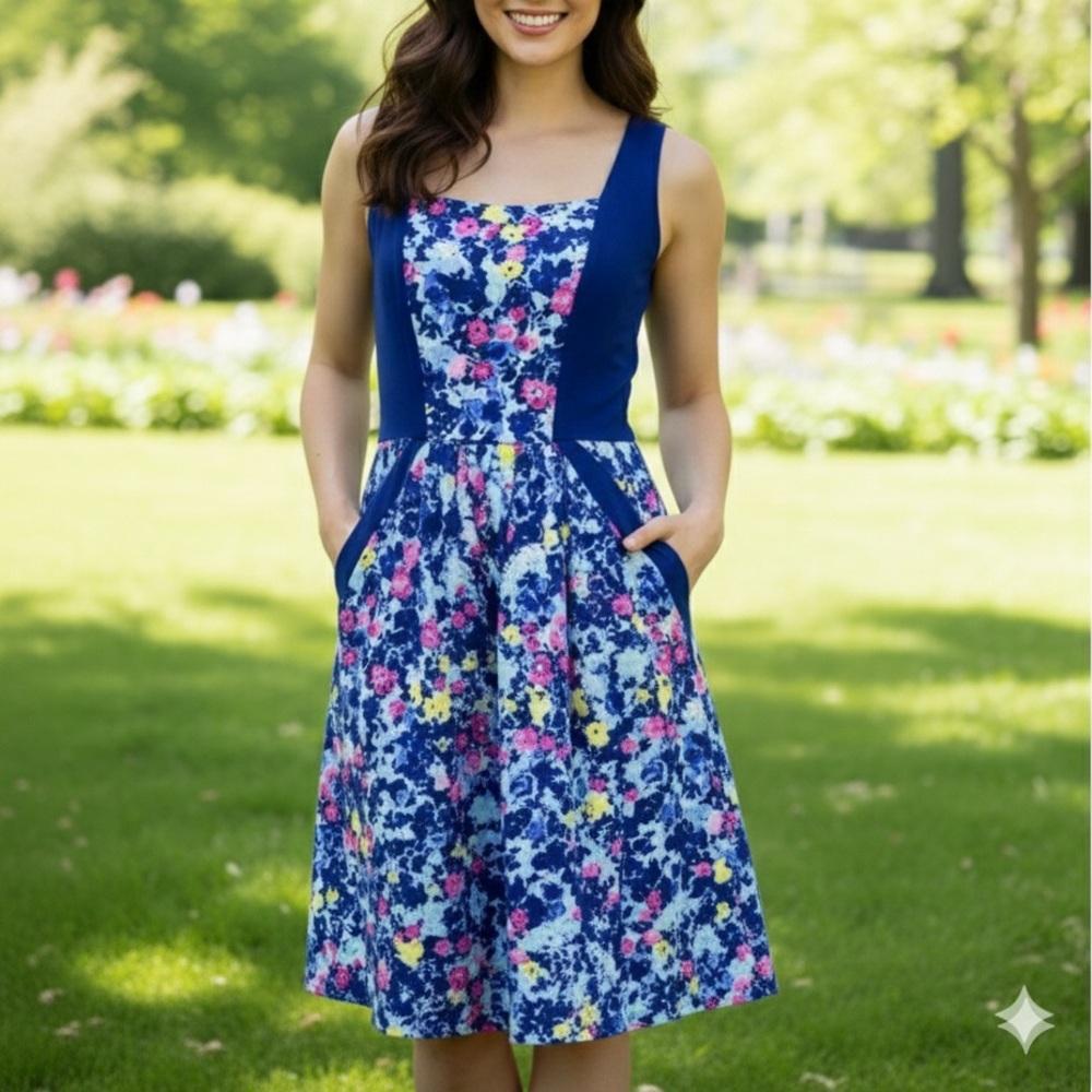 Xhilaration Navy Floral Sleeveless Fit & Flare Dress Size M – 36” Length